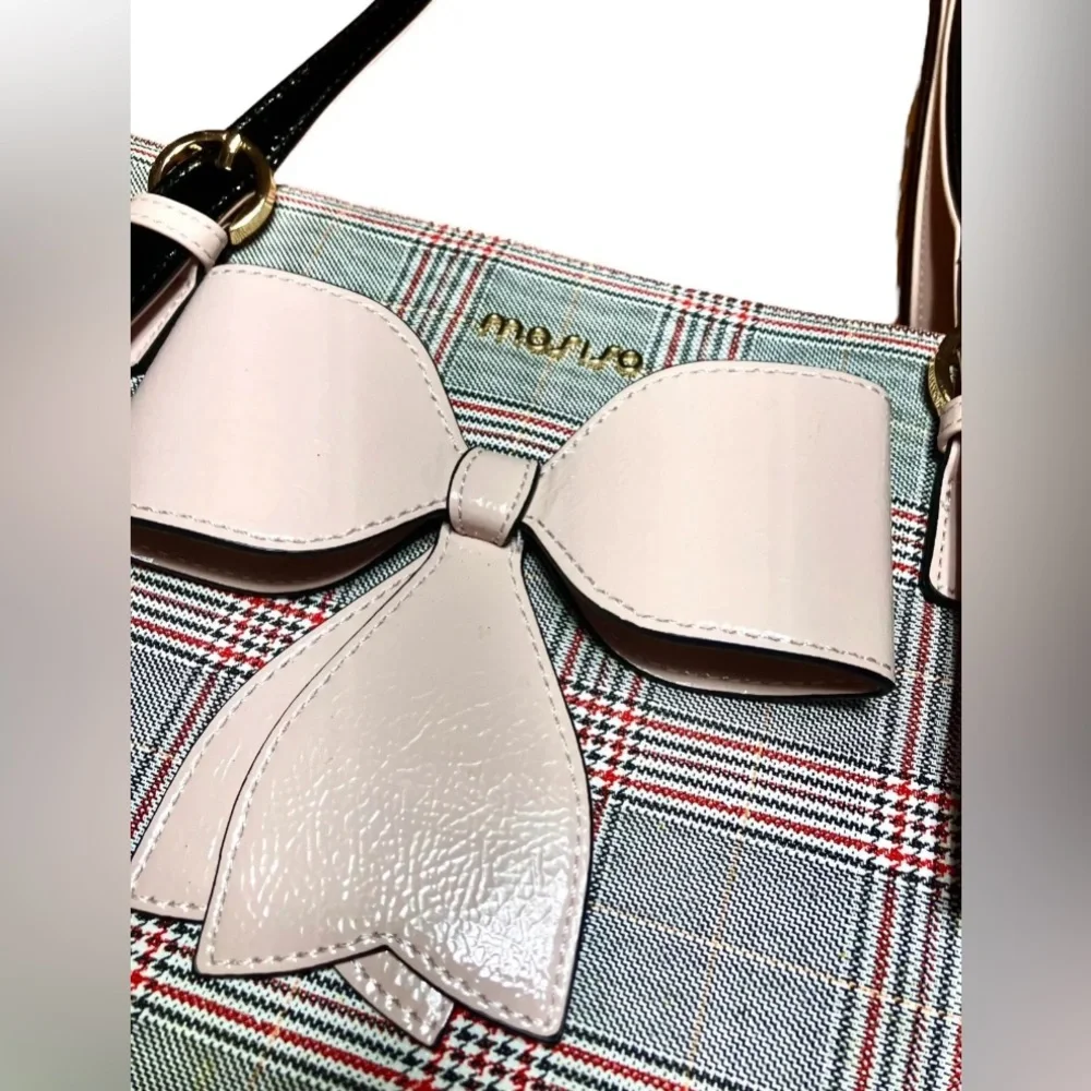 Plaid Tote Laptop Bag with Pale Pink Bow Accent